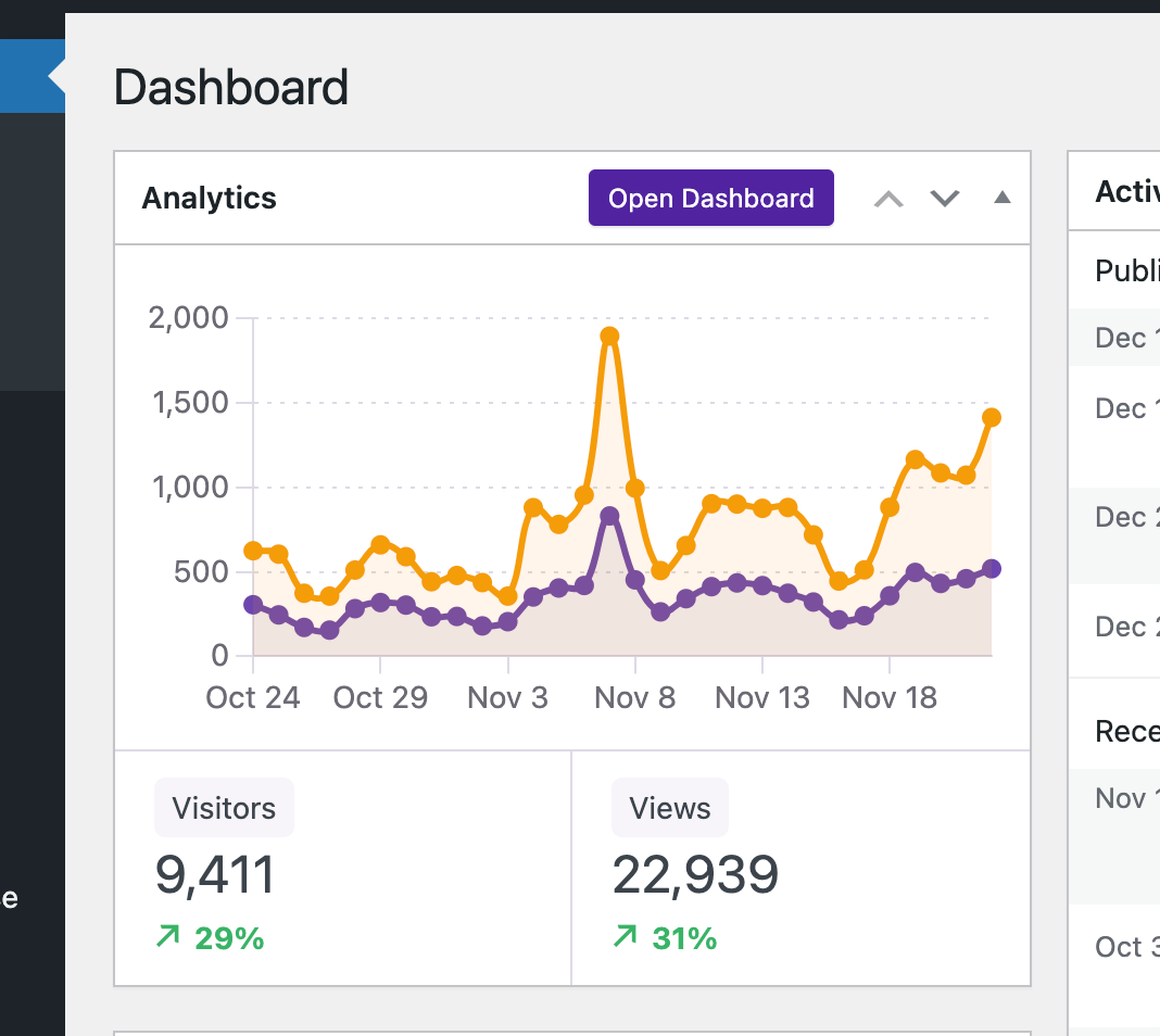 Screenshot: Analytics overview in the WordPress dashboard