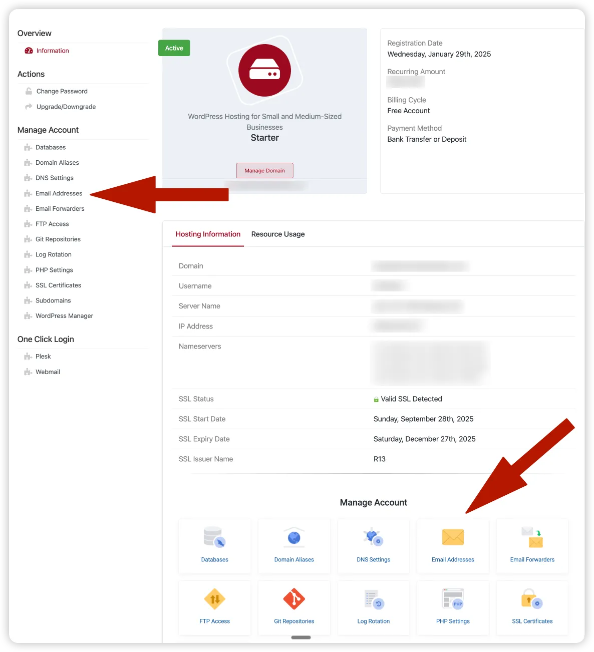 Email addresses management within your hosting service