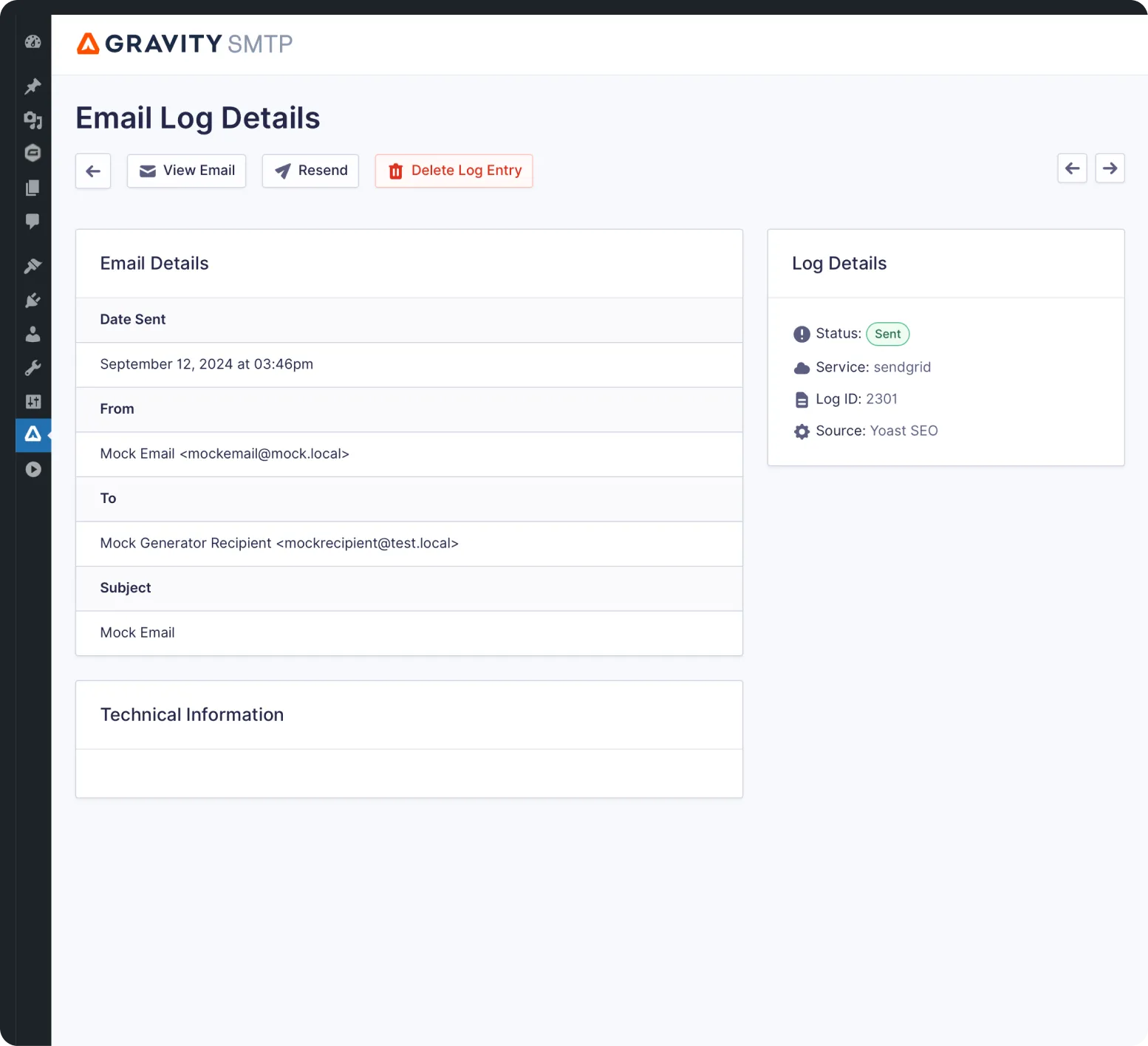 Gravity SMTP email log showing delivery status and details