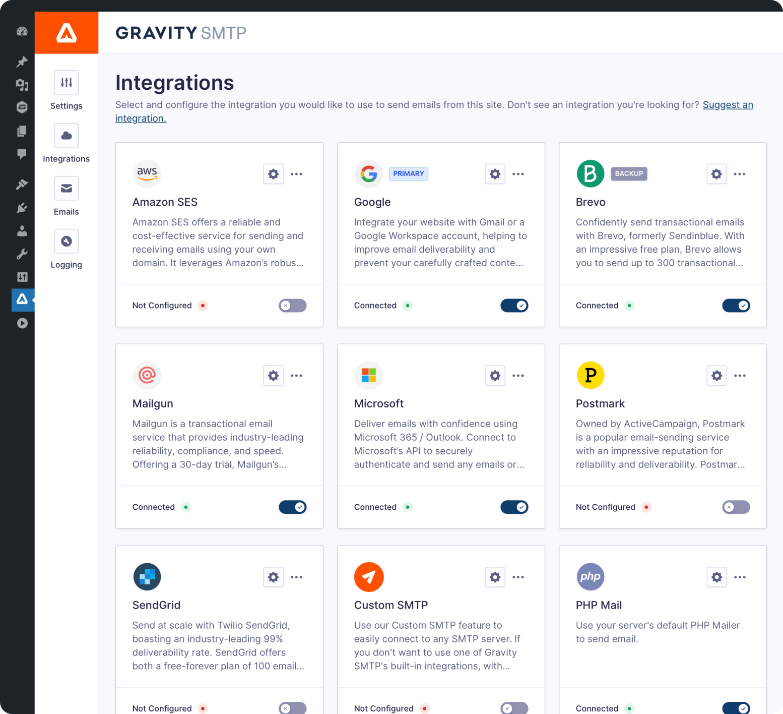 Gravity SMTP integrations page showing available email service providers