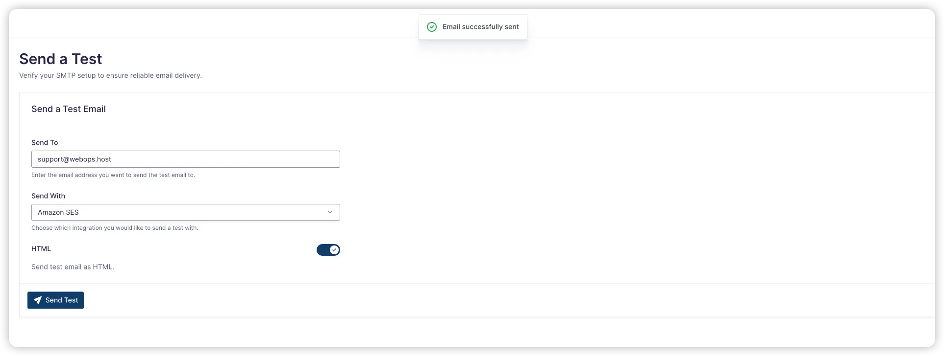 Gravity SMTP test email interface showing successful delivery