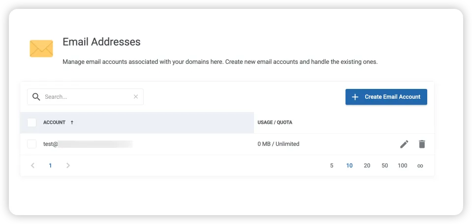 Email account appears in list after creation