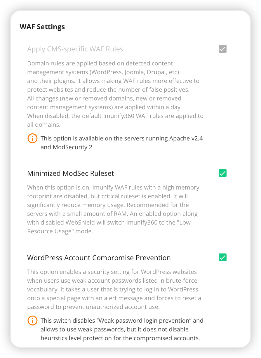 Imunify360 WAF configuration interface