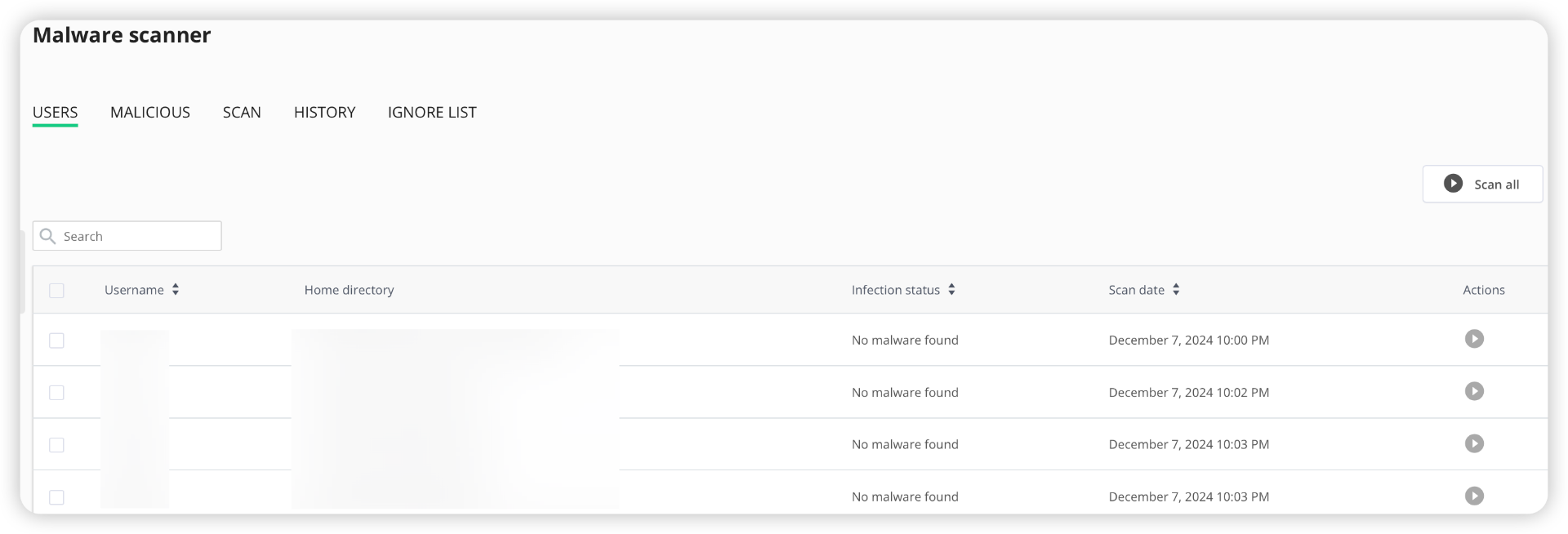 Imunify360 malware scanner interface
