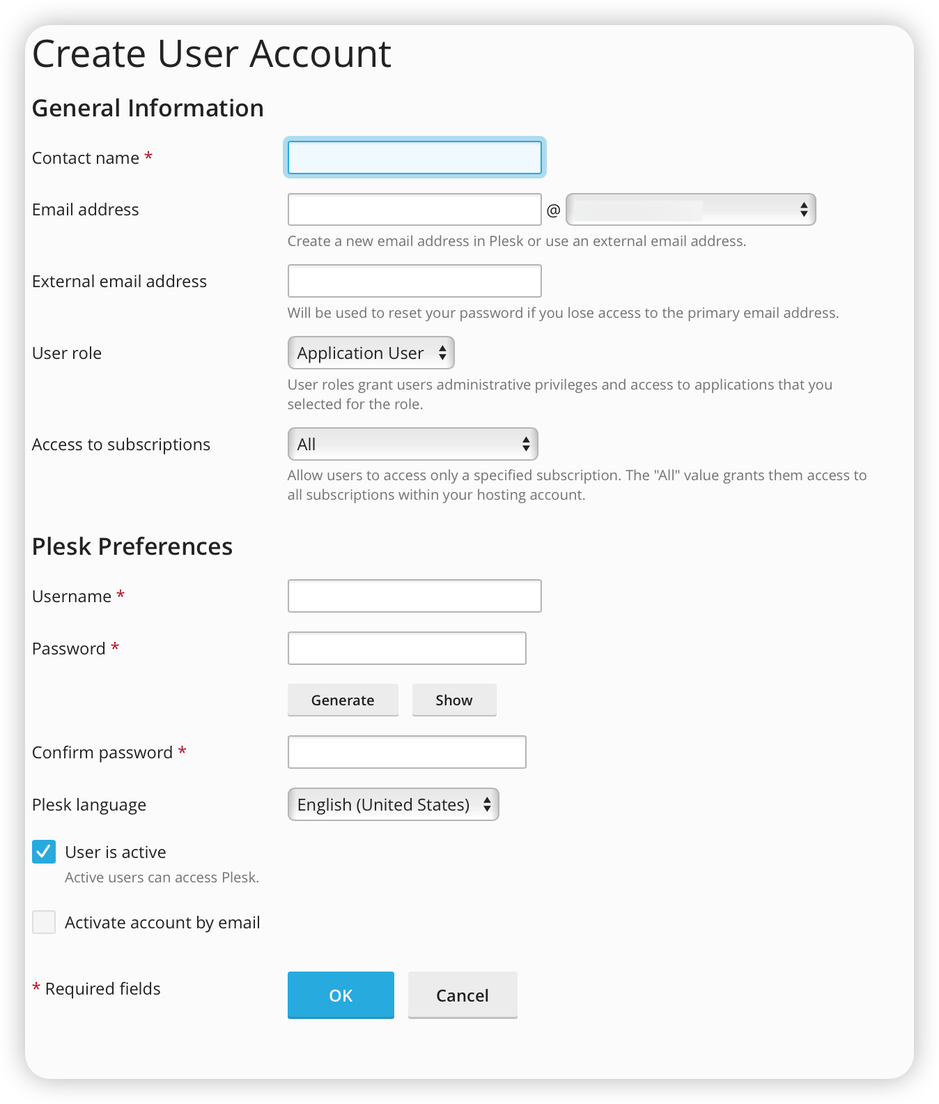 Plesk interface showing the Create User Account screen