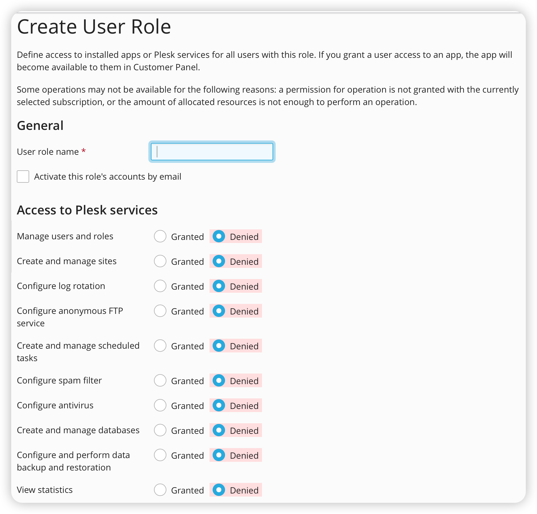 Plesk user roles and permissions configuration screen