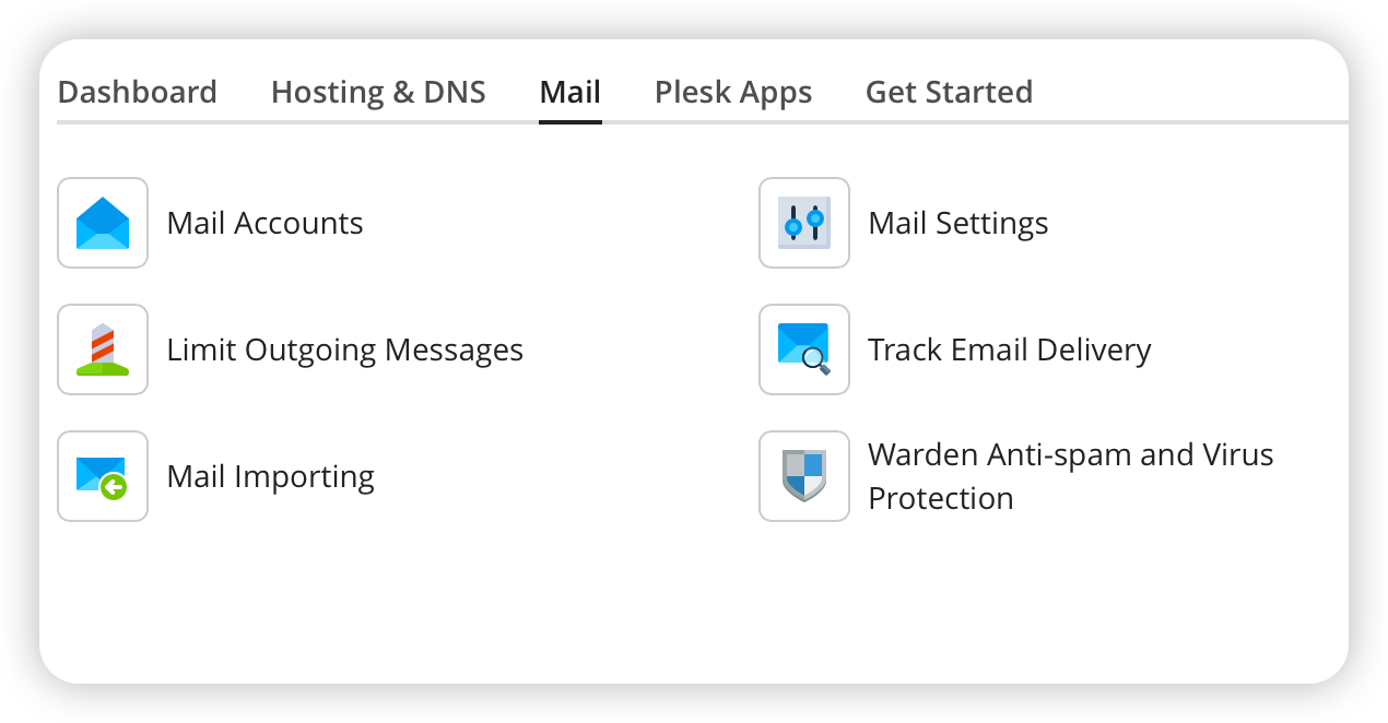 Email management interface in Plesk showing available options