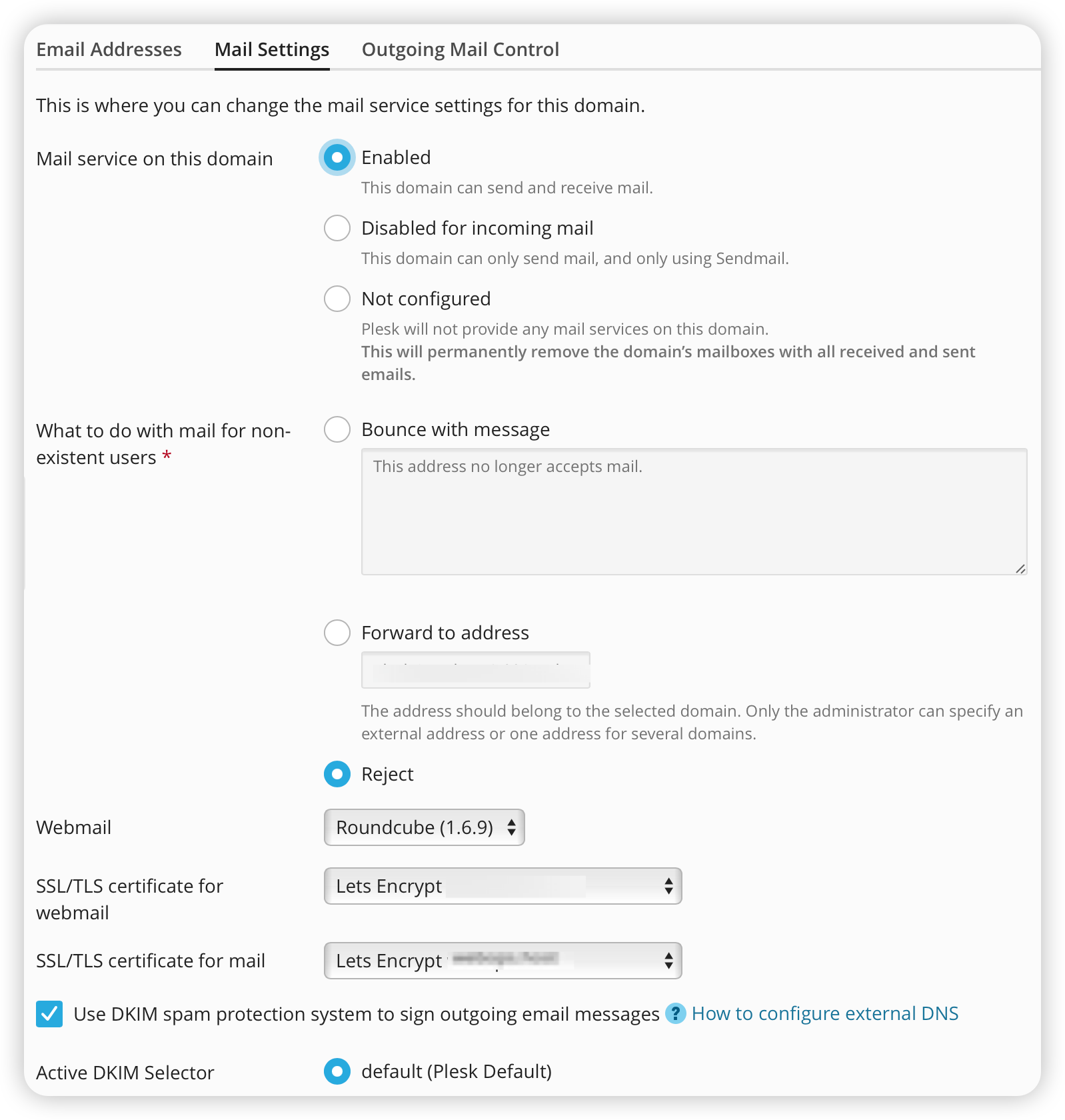 Email configuration settings in Plesk Control Panel