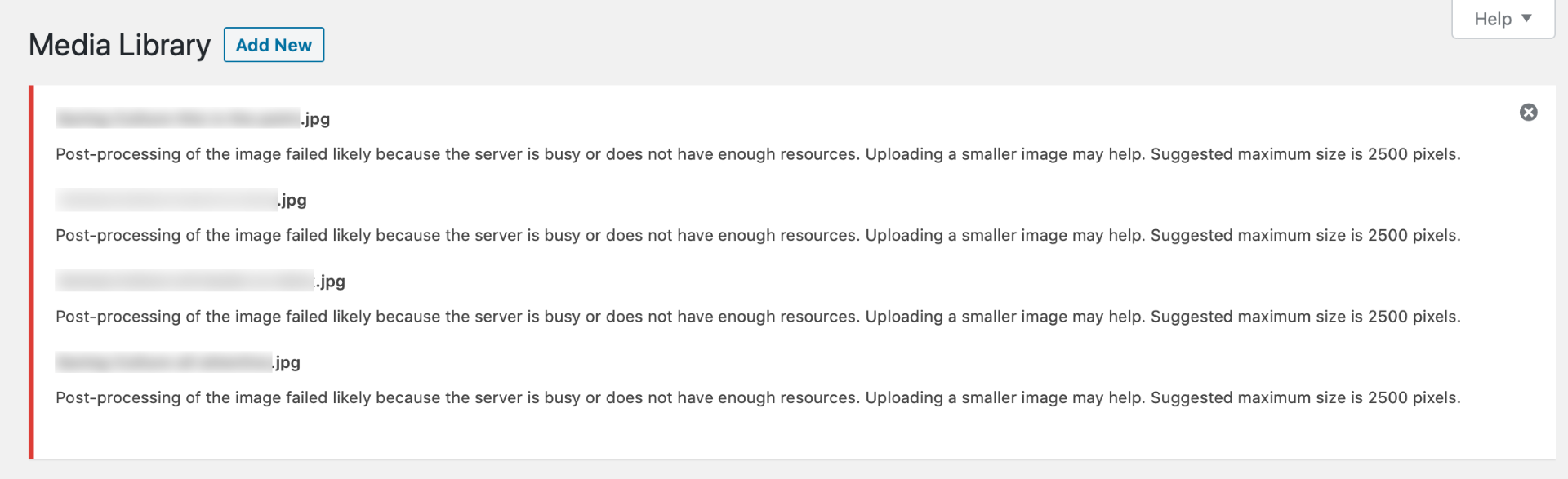 Examples of WordPress media upload error messages