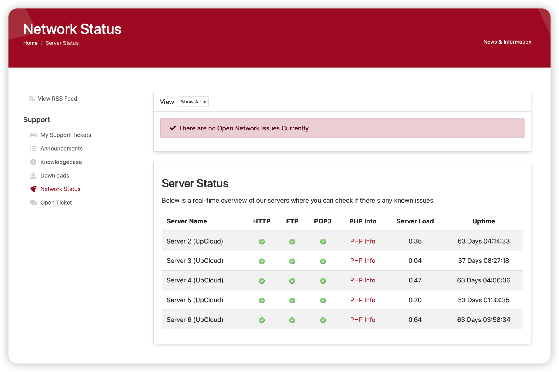 Screenshot of WebOps Hosting System Status Page showing current service status