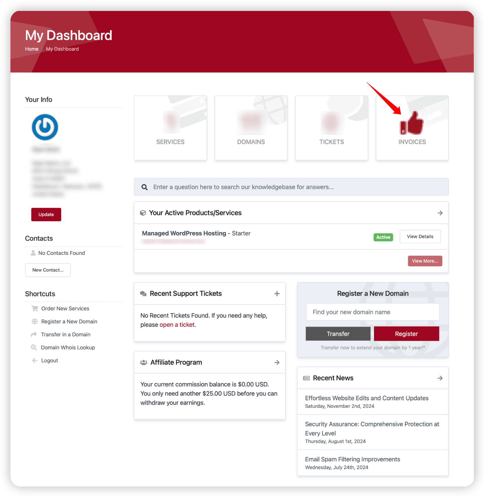 Navigation path to billing section in client portal