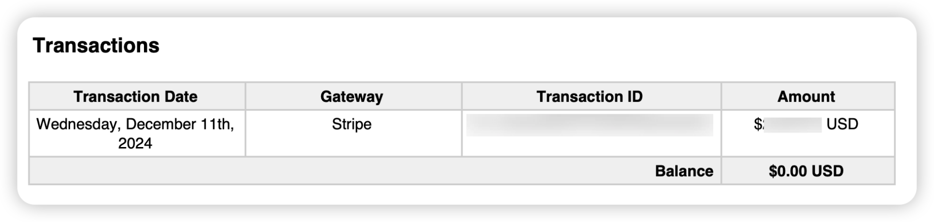 Transaction history table showing payment details