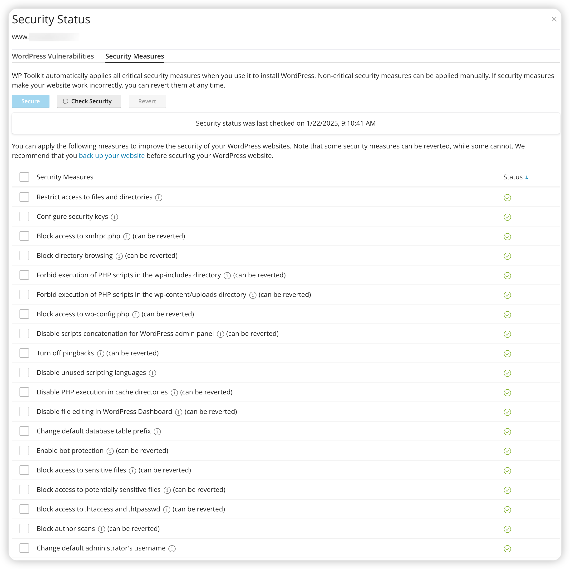 Security dashboard showing protections in place