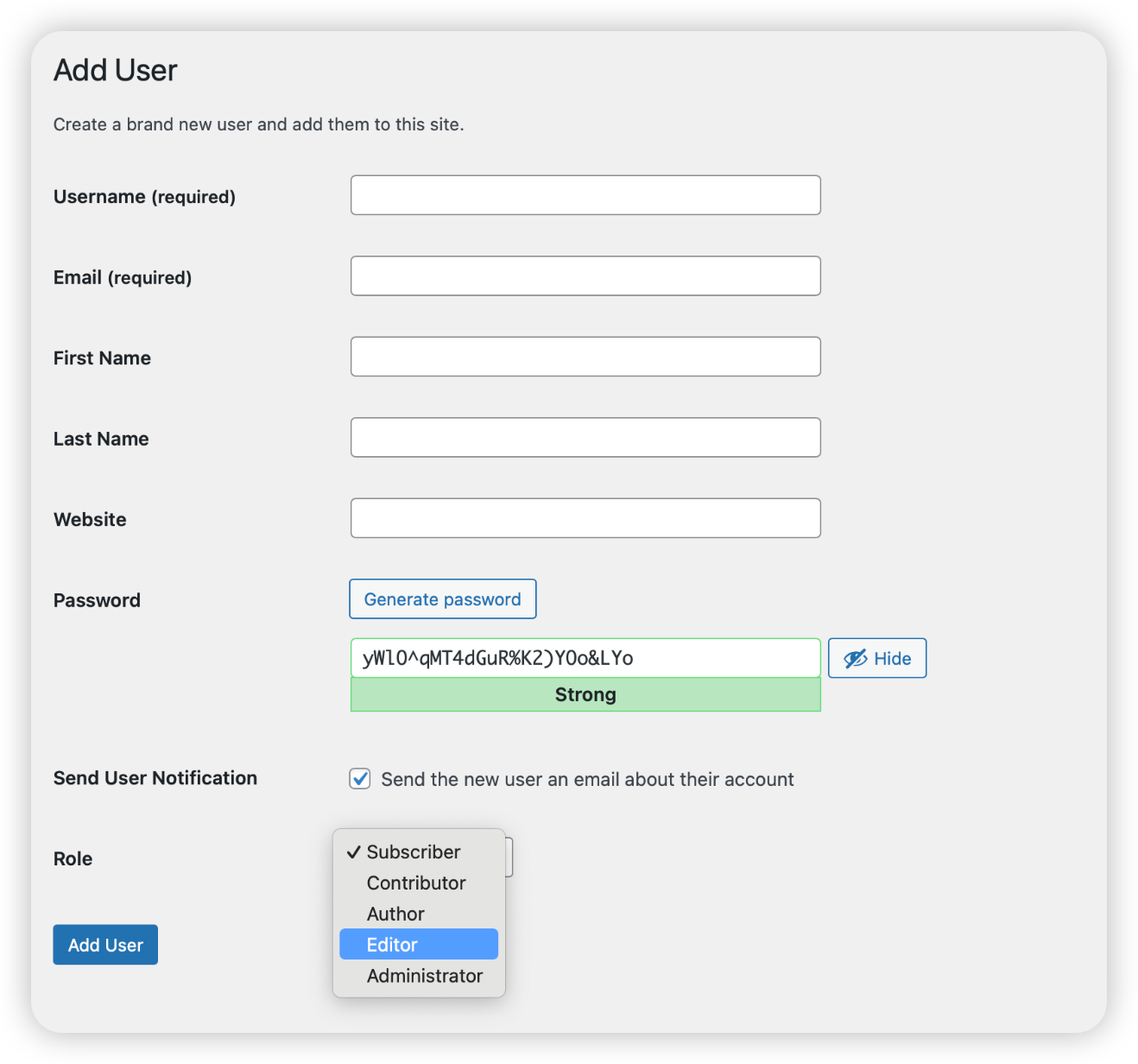 A view of the WordPress user creation screen with the 'Role' dropdown menu expanded.