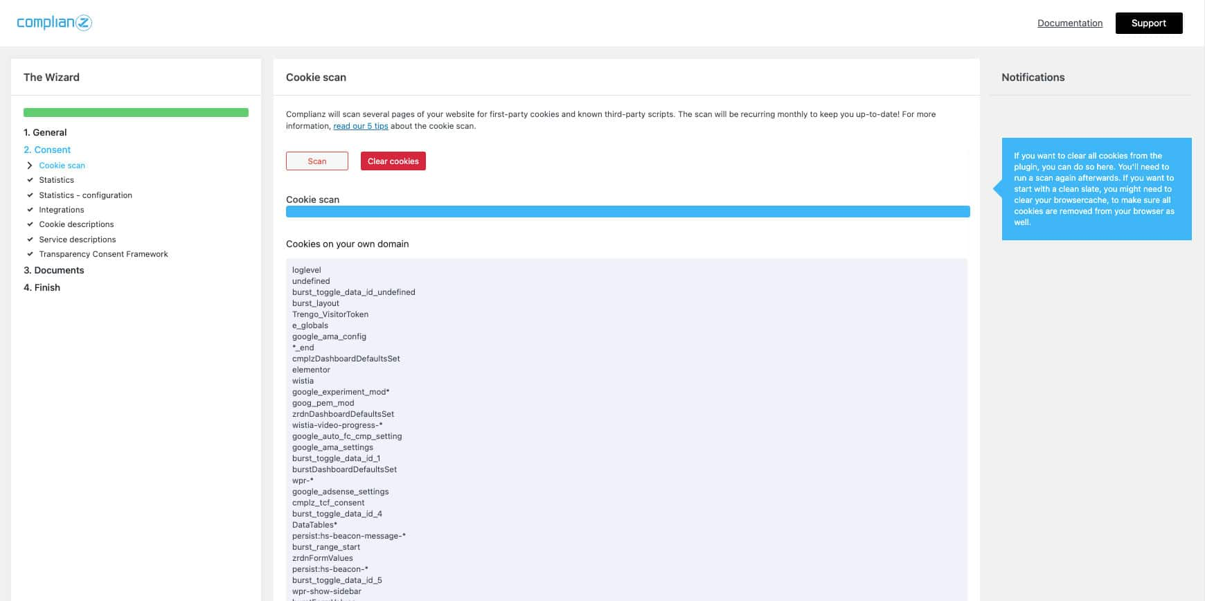 Cookie scan results showing detected cookies categorized by purpose