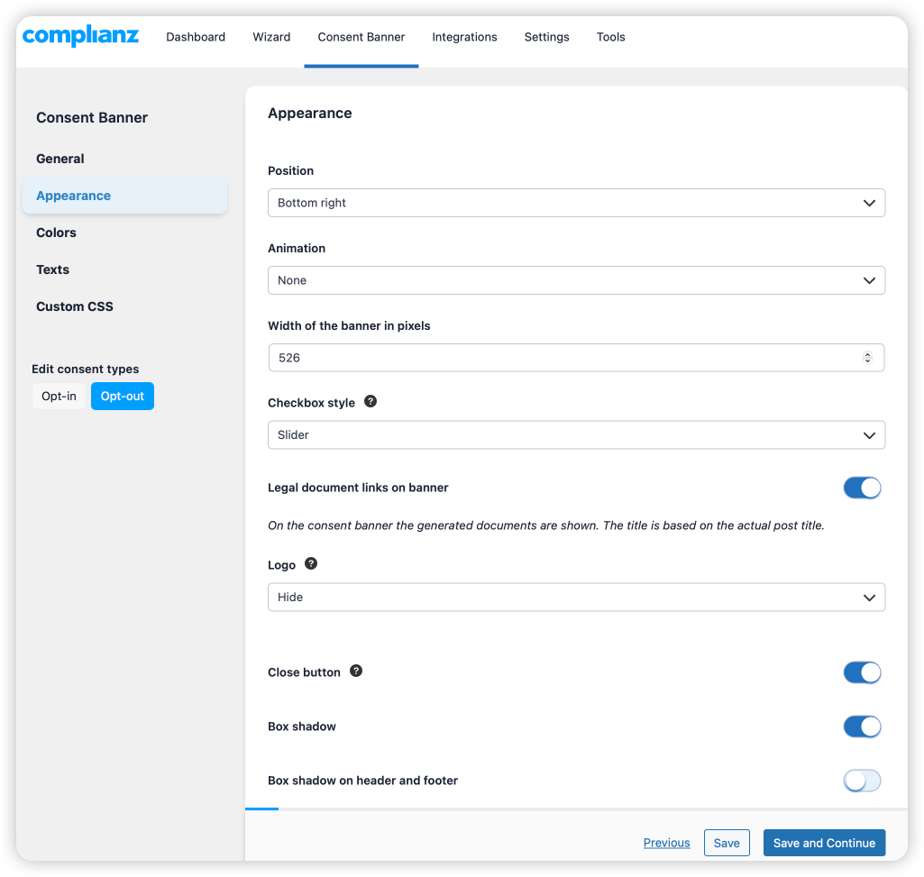 Cookie banner customization options showing color, position, and style settings