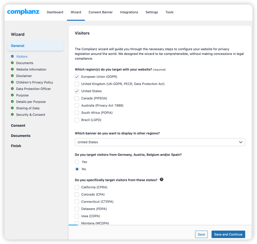 Complianz configuration wizard showing step-by-step setup process