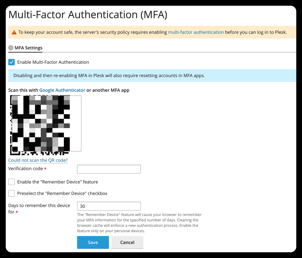 Plesk Multi-Factor Authentication enrollment screen showing the QR code, the "Could not scan the QR code?" link, the Verification code field, and the Remember Device options