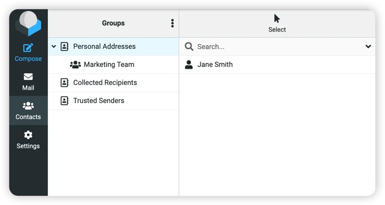 Contact list showing Jane Smith with Marketing Team group visible in sidebar