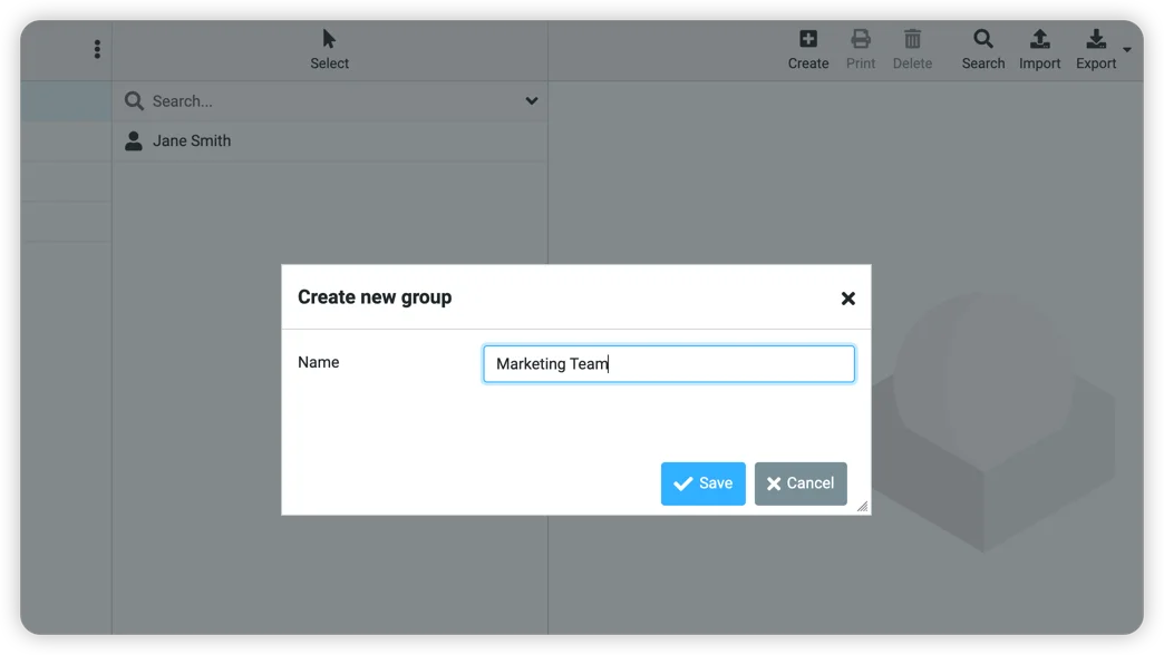 Create new group dialog with Marketing Team entered as the name