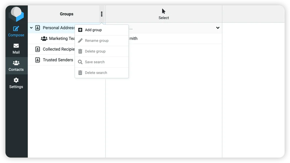 Roundcube Groups menu showing the Add group option