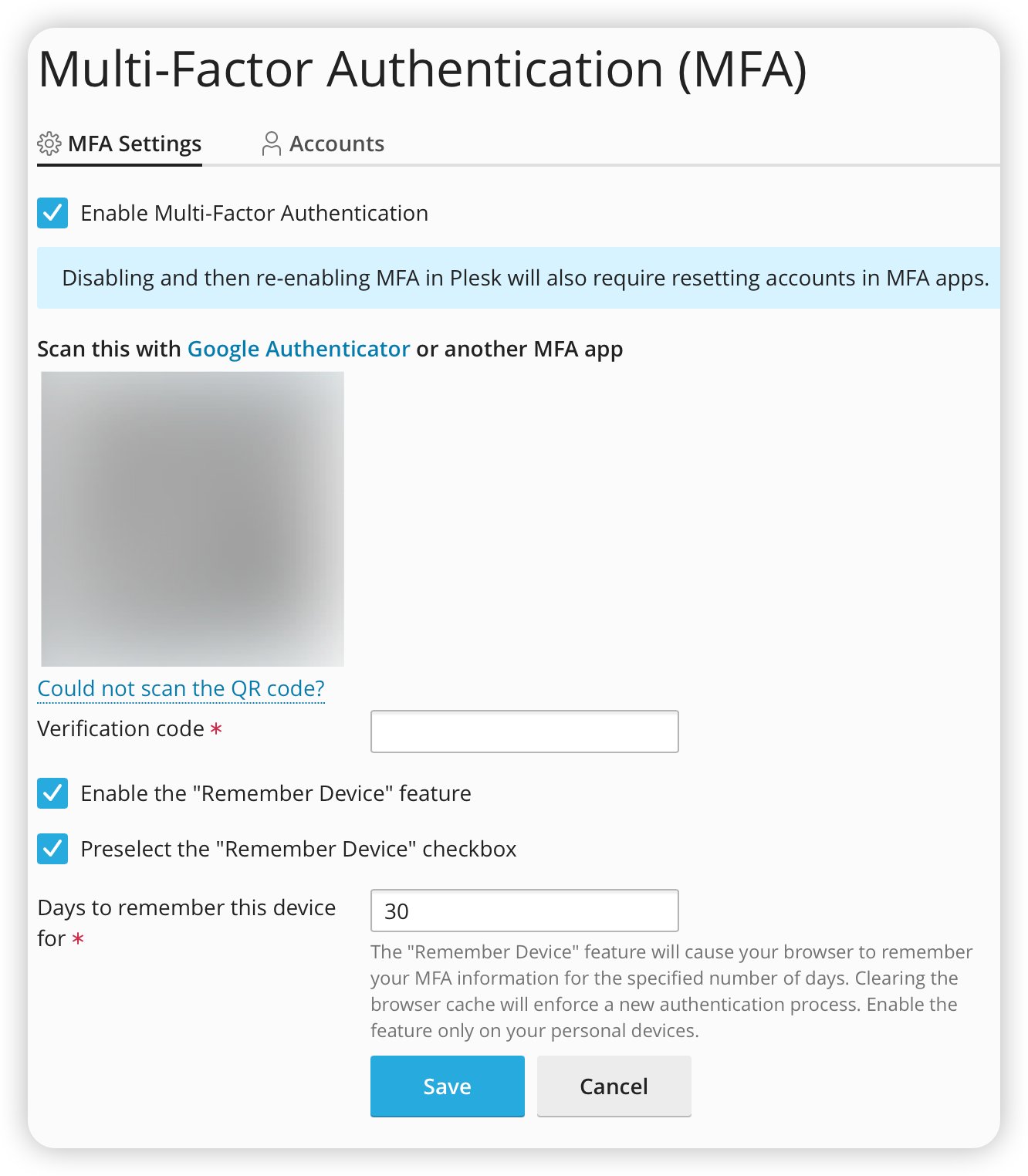 Multi-Factor Authentication setup interface showing configuration options