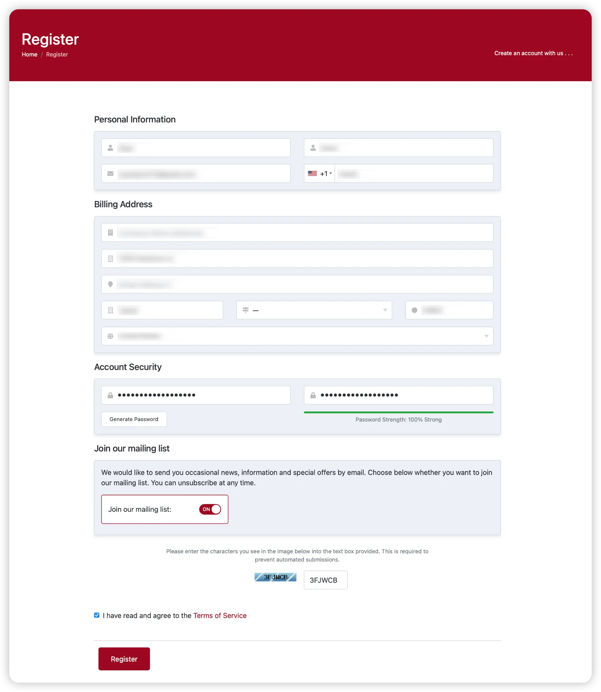 Completed registration form example