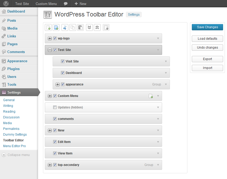 Toolbar Editor Drag and Drop Interface