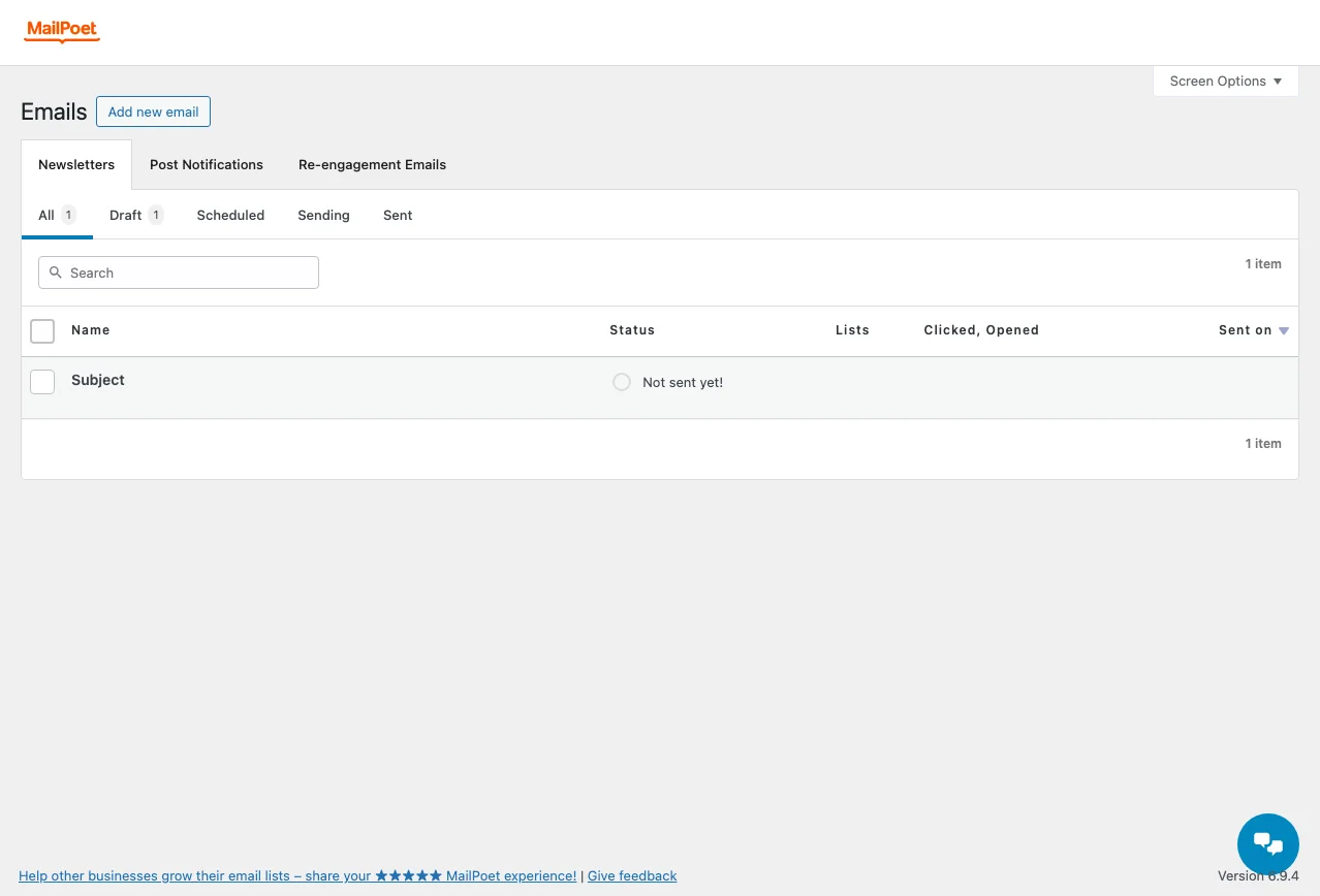 MailPoet Emails page with Add New Email button