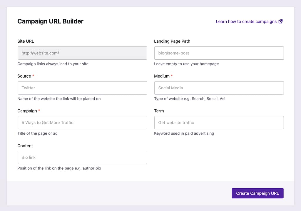 Campaign URL Builder interface with fields for Landing Page Path, Source, Medium, Campaign, Term, and Content