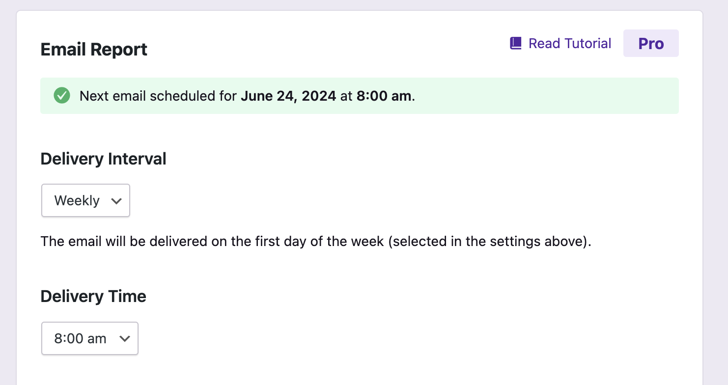 Email report settings showing interval options and time selection