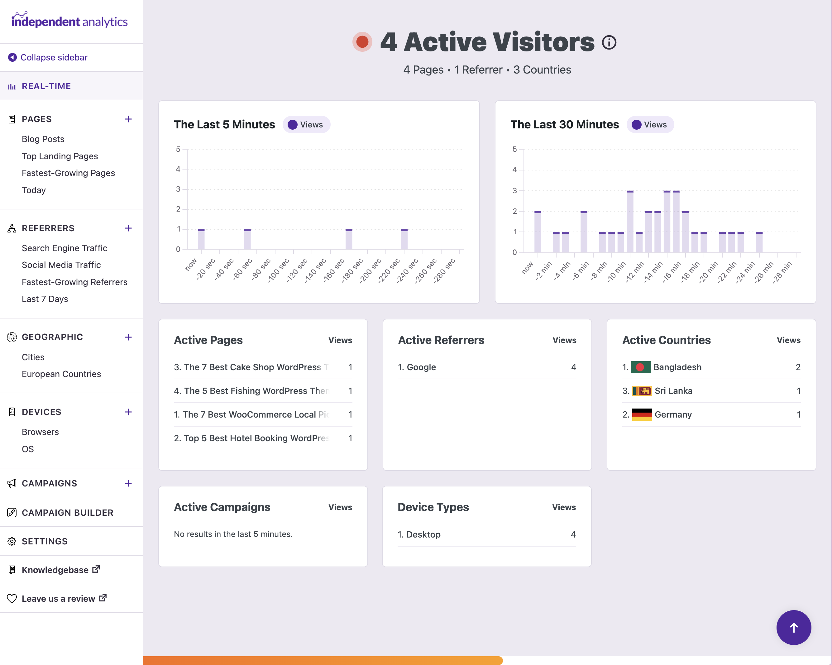 Real-time analytics dashboard showing active visitors, current pages, and live traffic data