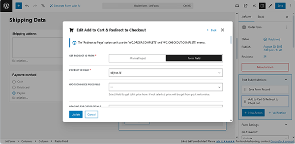 JetFormBuilder WooCommerce Action Settings