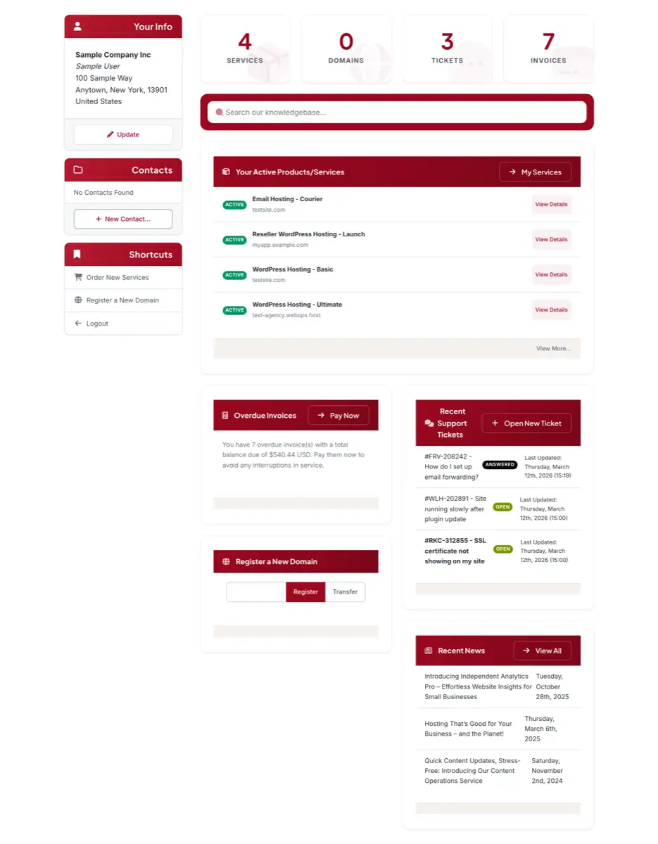 The WebOps client portal dashboard showing services, tickets, invoices, active products, and recent news