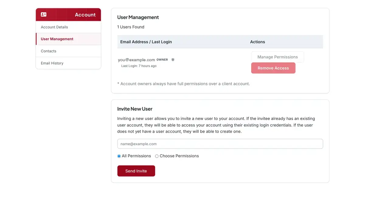 The User Management page showing the user list with permissions actions and the Invite New User form below
