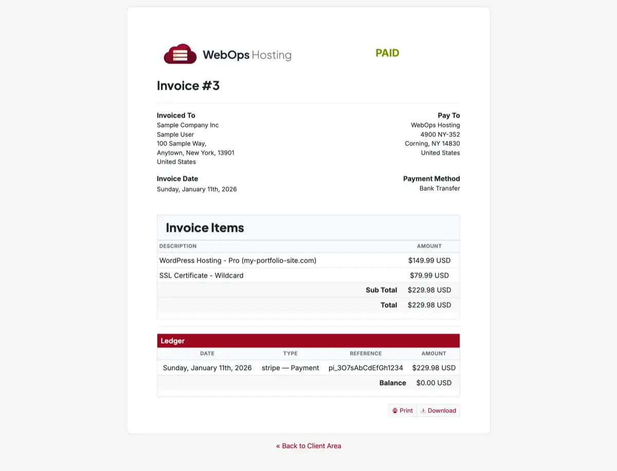 A paid invoice in the client area showing line items, payment method, and the ledger with the recorded transaction