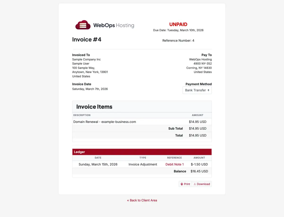 An unpaid invoice in the client area with the UNPAID badge, due date, and payment method dropdown