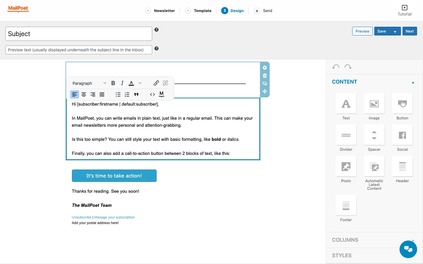 MailPoet text block selected showing the inline formatting toolbar