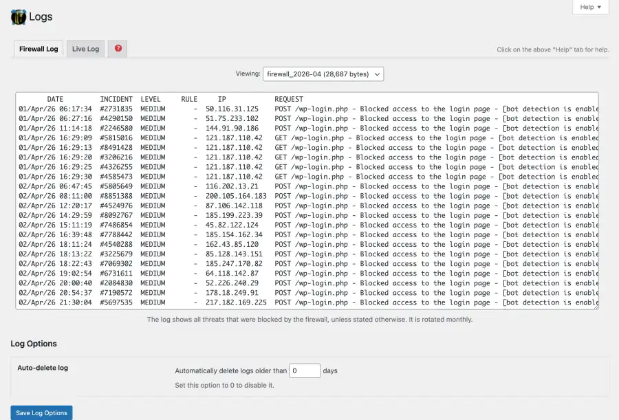 NinjaFirewall log showing dozens of blocked POST and GET requests to wp-login.php from various attacker IP addresses, all flagged as bot detection events