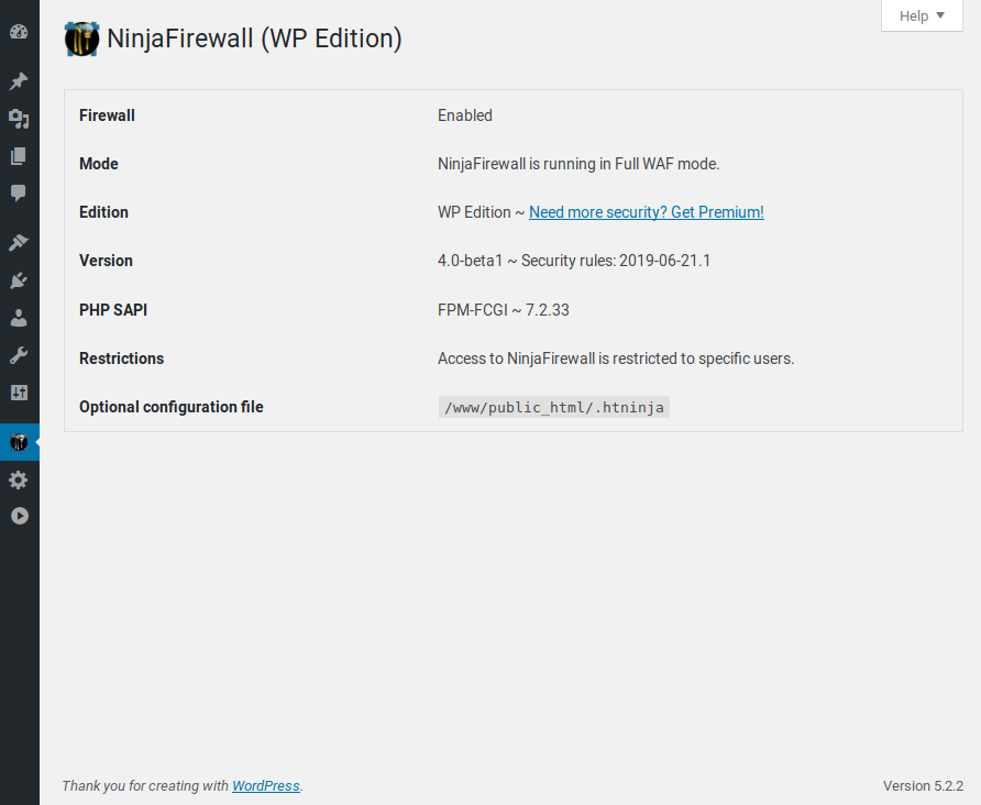 NinjaFirewall Security Dashboard