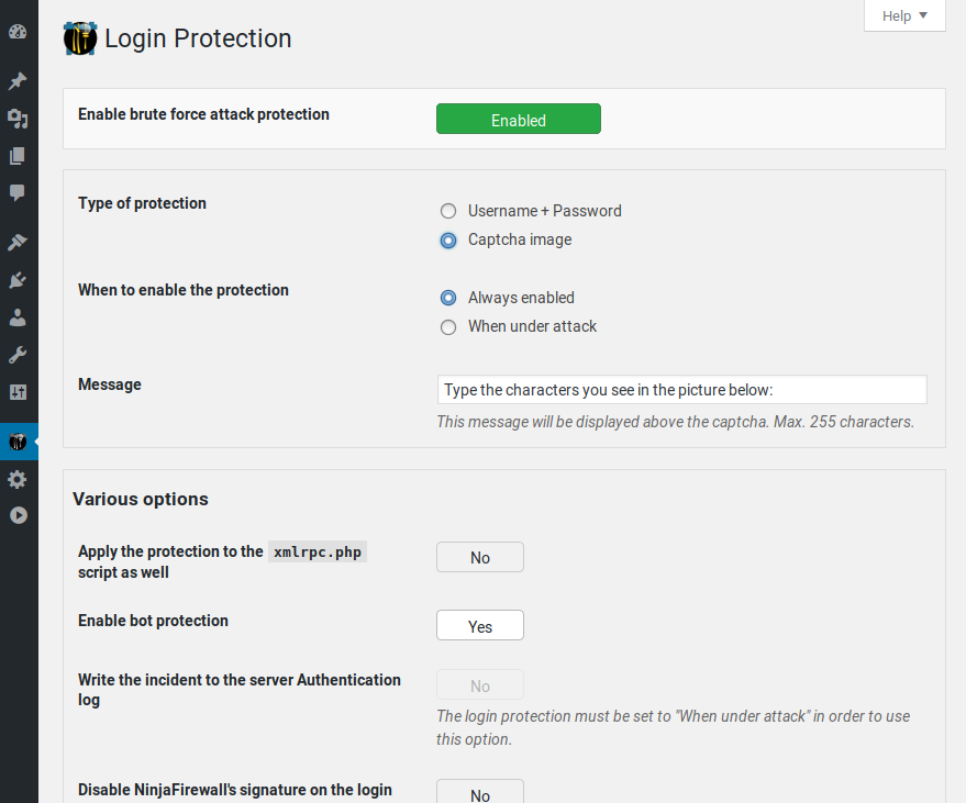 Brute Force Login Protection Settings