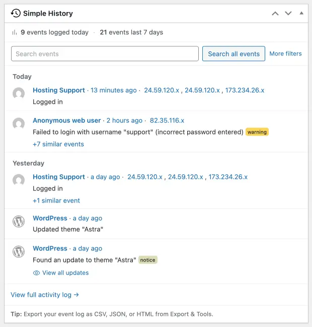 Simple History dashboard widget showing recent login events, a failed login attempt, and theme update activity