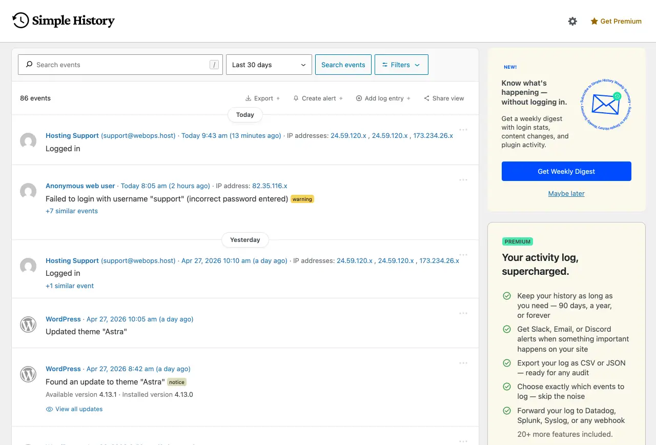 Simple History full log viewer showing 86 events across the last 30 days, including logins, failed login attempts, and theme updates