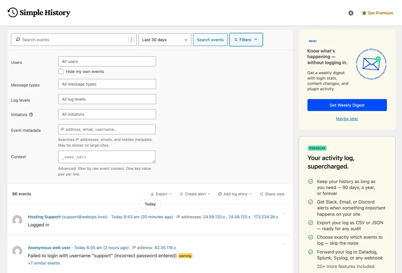 Simple History filter panel expanded with Users, Message types, Log levels, Initiators, and Event metadata controls