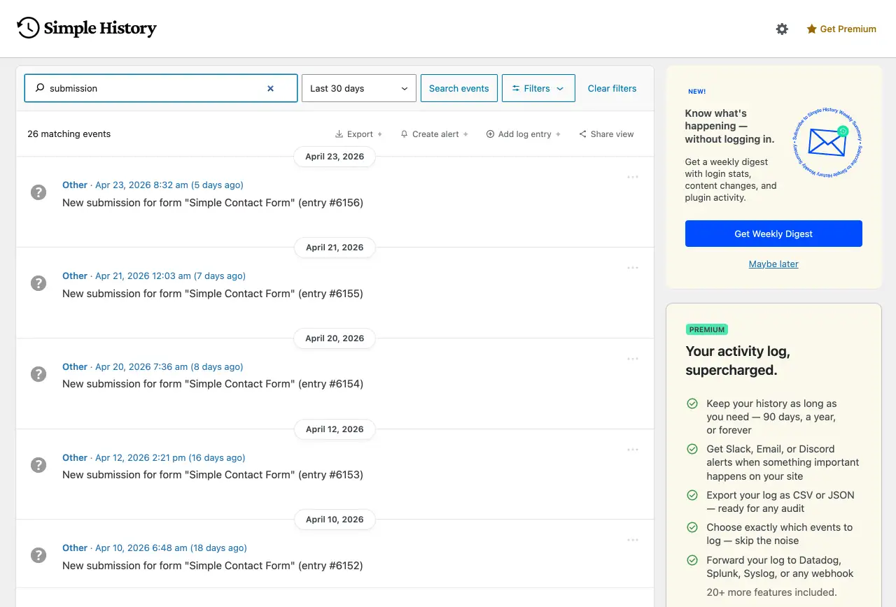 Simple History log filtered by the search term submission, showing real Gravity Forms entry submissions with form name and entry ID