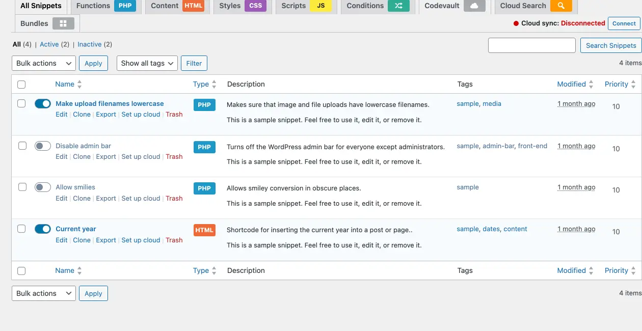 Code Snippets Pro main management screen showing four sample snippets with type pills (PHP, HTML), active/inactive toggles, descriptions, tags, and the type filter chips along the top including All Snippets, Functions, Content, Styles, Scripts, Conditions, Codevault, Cloud Search, and Bundles