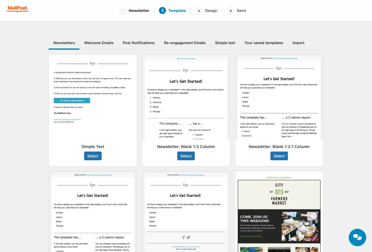 MailPoet template selection gallery