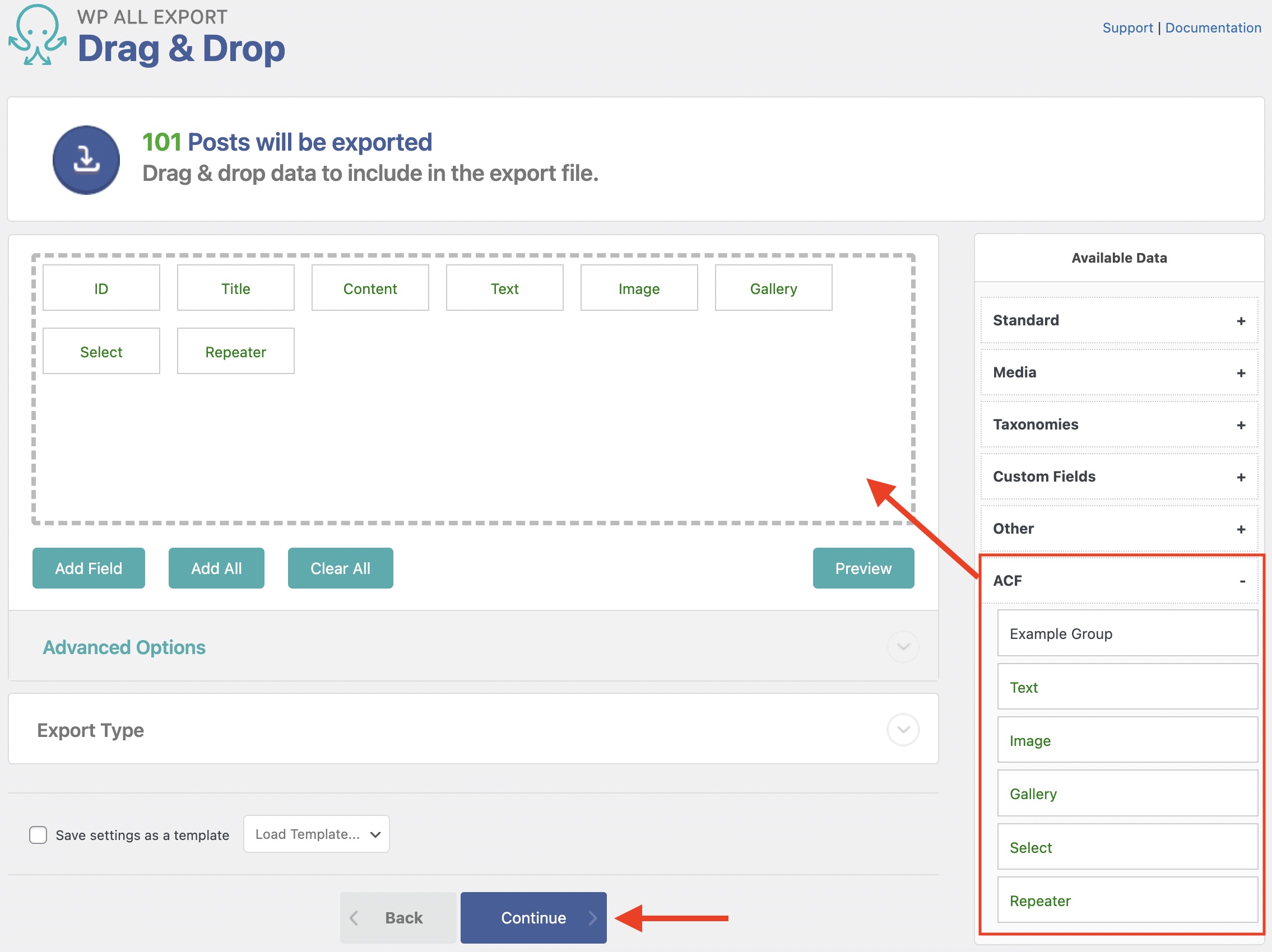 Selecting ACF fields from the Available Data panel in WP All Export