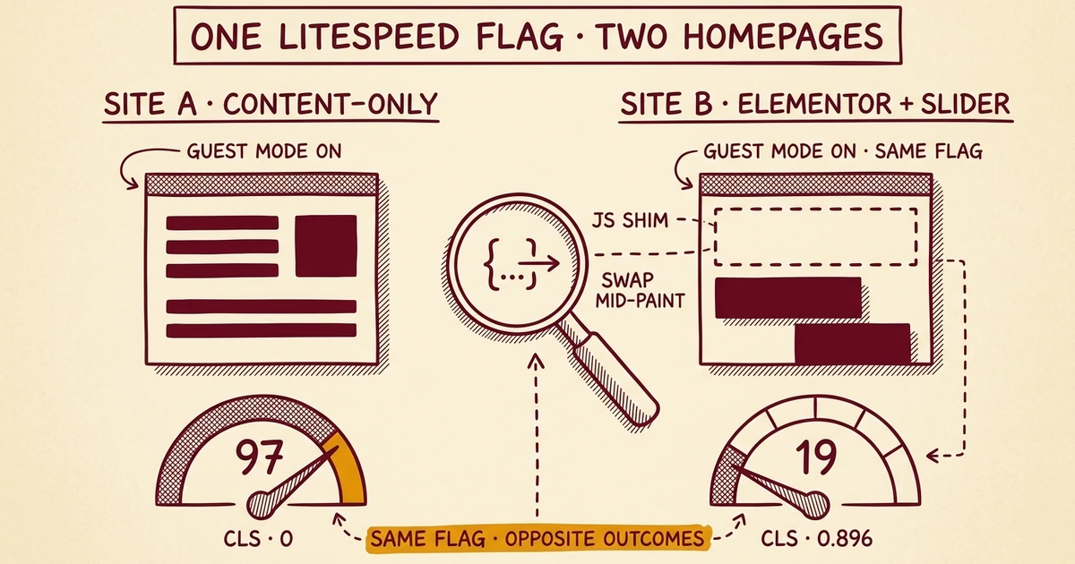 Hand-drawn engineering field-journal diagram on cream parchment. Two webpage mockups side by side. Left column "Site A · Content-only" with a PageSpeed gauge needle pointing high to 97, gold-highlighted high-zone wedge, CLS 0. Right column "Site B · Elementor + Slider" with a hero-slider region drawn as a dashed phantom (the layout that jumps), gauge needle pointing low to 19, CLS 0.896. Central burgundy magnifying glass over a JS shim symbol with labels "JS Shim" and "Swap mid-paint." Bottom gold callout reads "Same Flag · Opposite Outcomes."