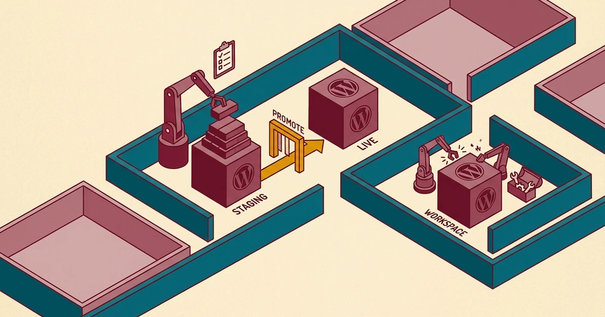 Isometric server floor divided into walled rooms: a robot arm builds on a staging site, a gold Promote gate leads to the live site, and a separate walled Workspace room holds its own site and tools